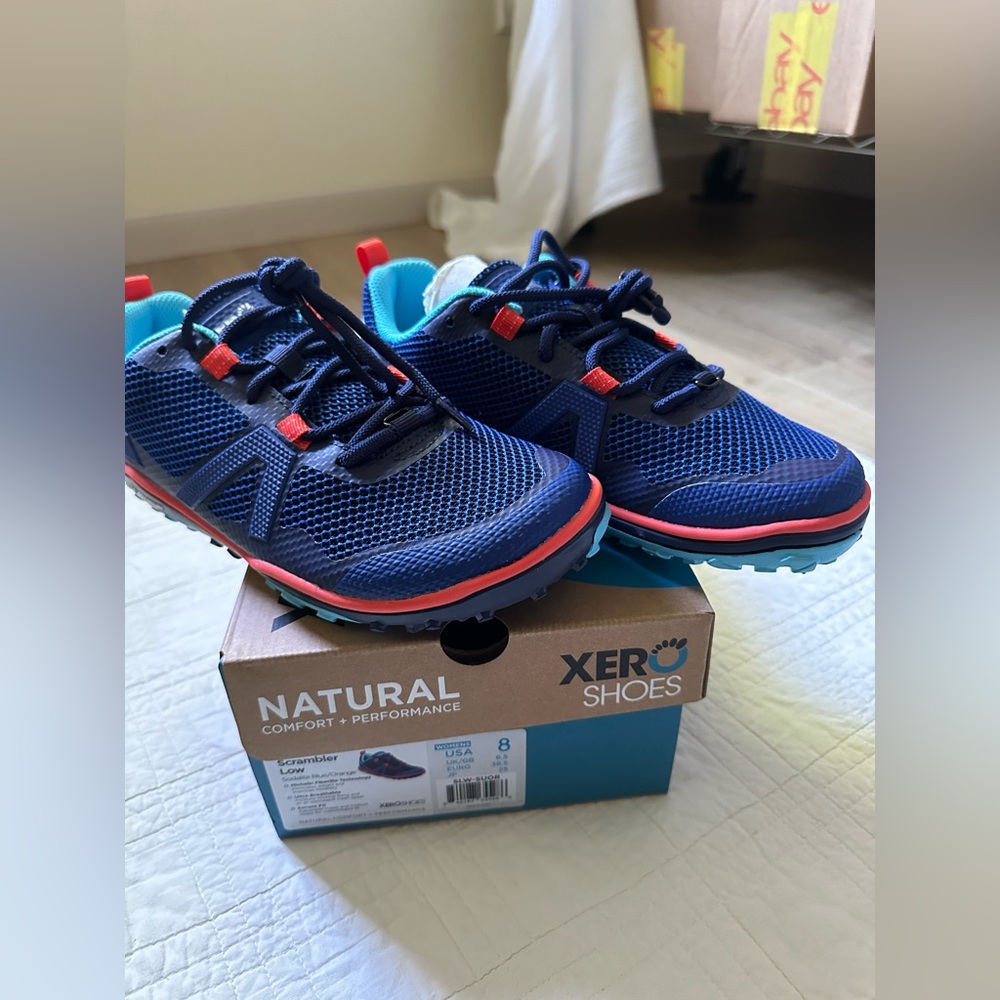 Xero Shoes Women's Scrambler Low Sodalie Blue Orange size 8 Barefoot Shoes